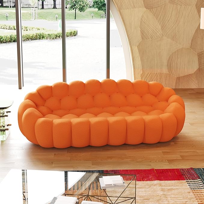 JACH Bubble Curved Couch, 98.43'' Comfy Upholstered Sofa, Mesh Fabric Floor Sofa, 3D Honeycomb Shape Modern Couch for Living Room, Office, Apartment, Small Space (3 Seater, Orange)