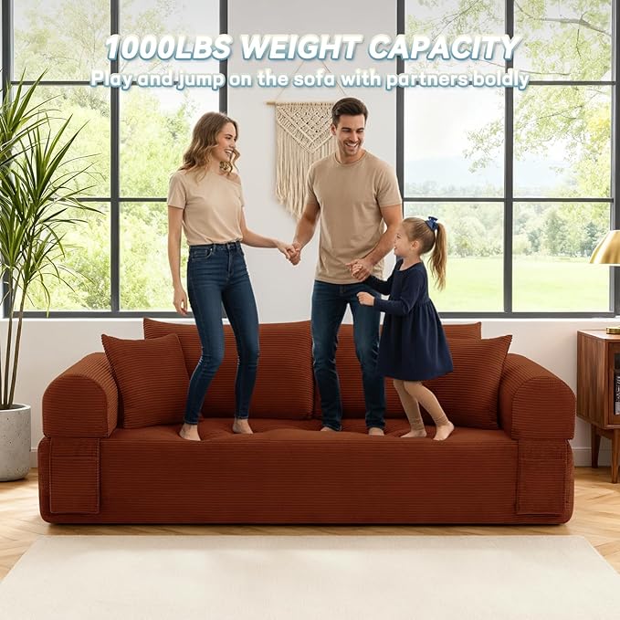 GJQ 3 Seater Couch for Living Room,83" Sofa in a Box,Cloud Sofa Bed with Tufted Cushion & Backrest, Corduroy Boneless Couch Upholstered Floor Sofa with Storage Pockets,No Assembly Required,Orange