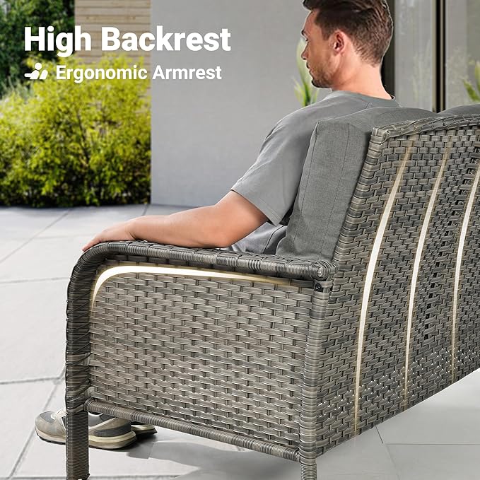 ovios 2 Pieces Patio Furniture Set, Outdoor Wicker Sofa with Glass Coffee Table, All Weather High Back Rattan Loveseat Couch 2 Seats with Comfy Cushions, Dark Grey