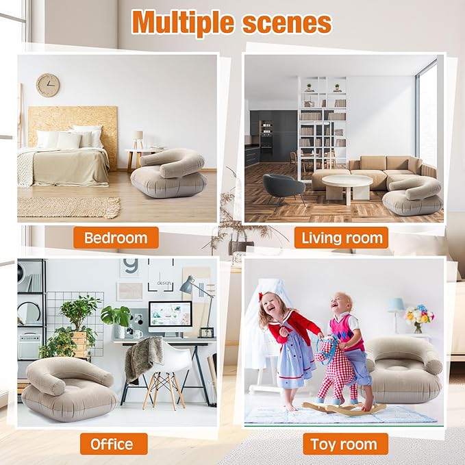 Threehoney 4 Pcs Inflatable Lounge Chair Deck Chair Lazy Sofa, Blow Up, Folding, Portable Couch for Home, Office Balcony, Floor Seating (Beige)