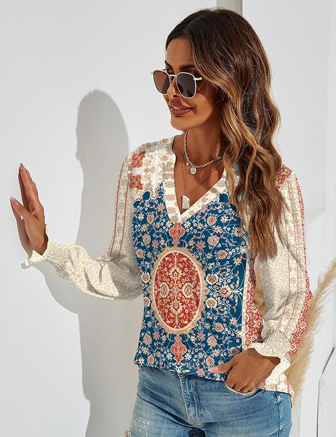 Romanstii Women's Casual V-Neck T-Shirts Loose Puff Long Sleeve Tops Tunic Blouses