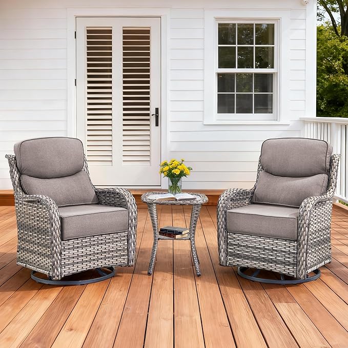 Pugire Luxury Outdoor Swivel Rocker Patio Chairs Set of 3, High Back Swivel Patio Chairs with Side Table & 6-Inch Thick Cushions, Wicker Outdoor Bistro Set for Porch, Yard, Deck, Poolside, Grey