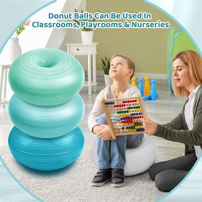 Lewtemi 4 Pcs Flexible Seating for Classroom Elementary 20 Inch Yoga Ball Chair Inflatable Donut Ball Chair with Inflator for Kids Student Sensory Balance Office Exercise