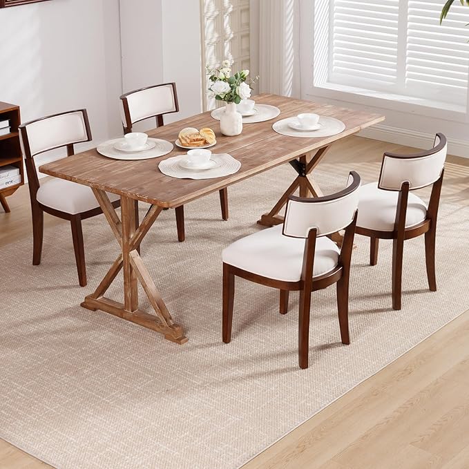 DM Furniture Dining Chairs Set of 4 Linen Fabric Upholstered Dining Room Chairs with Curved Backrest Mid Century Modern Farmhouse Kitchen Chair Solid Wood Side Chairs for Living Room/Restaurant