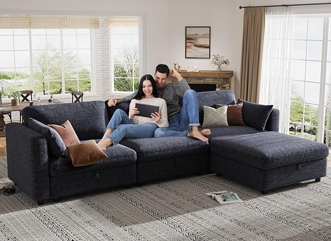 KKL Oversize Modular Sectional Sofa Couches for Living Room, 113" L Shaped Sofa with Adjustable Backrest, Couch Down Filled Sectional Sofa with Storage Ottoman Chenille, Blue