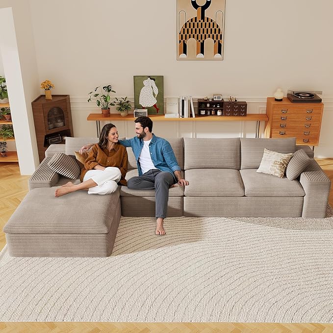 136" Cloud Sectional Couch with L-Shape Chaise, Modern Corduroy Viral Boneless Sofa for Living Room,Memory Foam Couches in a Box with Deep Seat,No Assembly Required (Camel,Left-Facing Chaise)
