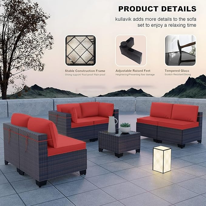 Kullavik 7 Pieces Outdoor Patio Furniture Set,Wicker Outdoor Sectional Sofa,All-Weather Patio Conversation Sets with Washable Thick Cushions & Coffee Table for Garden,Backyard,Balcony,Porch,Red