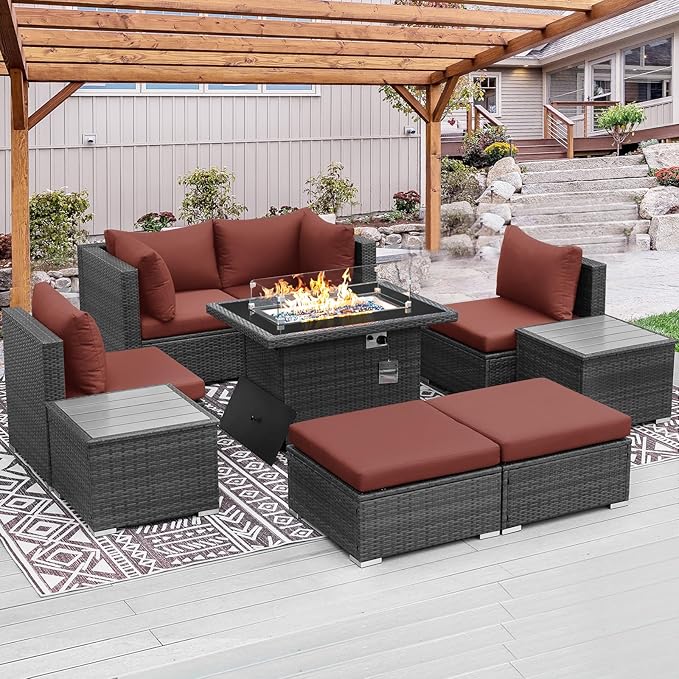 RADIATA 9 Piece Wicker Patio Furniture Set with Fire Pit, All-Weather Outdoor Sectional Couch High Back Large Size, Modular Backyard Seating Sofa Set with Propane/Natural Gas Firepit Table, Grey&Red