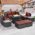 RADIATA 9 Piece Wicker Patio Furniture Set with Fire Pit, All-Weather Outdoor Sectional Couch High Back Large Size, Modular Backyard Seating Sofa Set with Propane/Natural Gas Firepit Table, Grey&Red