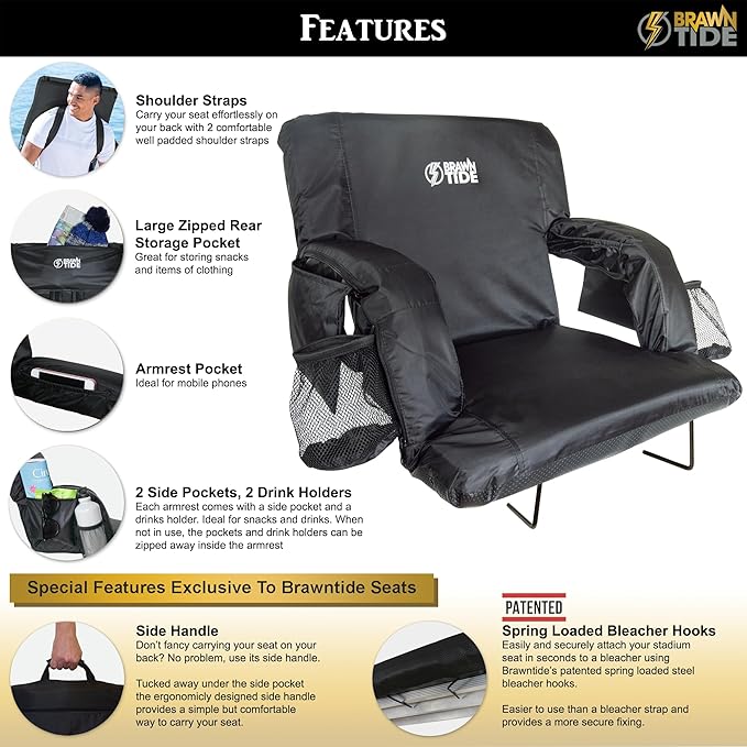 BRAWNTIDE Stadium Seat with Back Support - Comfy Cushion, Thick Padding, 2 Steel Bleacher Hooks, 4 Pockets, 2 Cup Holders, Reclining Back, Ideal Chair for Sport Events, Beaches, Camping, Concerts