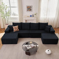 140" Sectional Cloud Couch for Living Room, Modular Floor Deep-Seat Sofa, Big Comfy Corduroy Couches Set with Fluffy Memory Foam, Stupendous U Shaped Sofas, No Assembly Required, Black