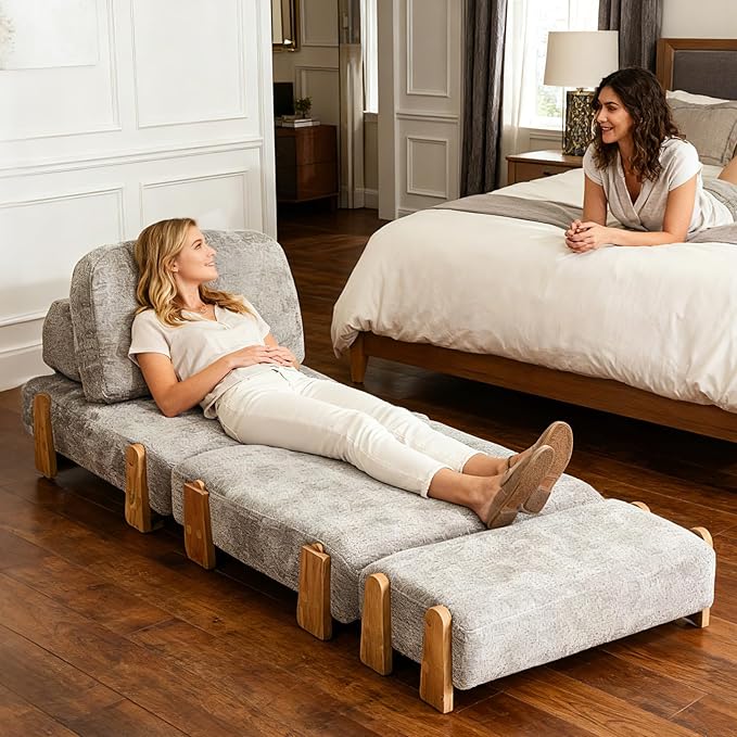 Folding Sofa Bed with Ottoman, 2-in-1 Fold Out Single Sleeper Chair with Wooden Frame, Headrest & Lumbar Pillow, Chenille Boneless Memory-Foam Filled Floor Couch Seating for Living Room Reading, Grey