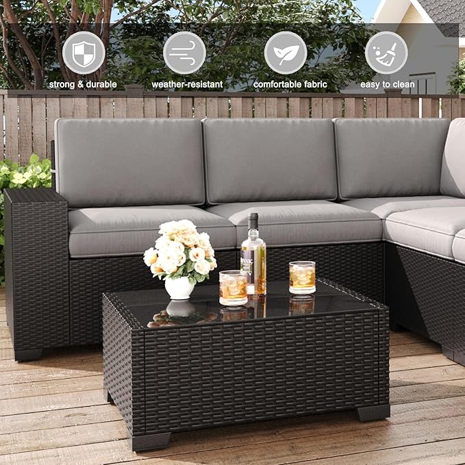LayinSun 6 Pieces Patio Furniture Set, Black Rattan Modular Sectional Outdoor Conversation Sofa Set