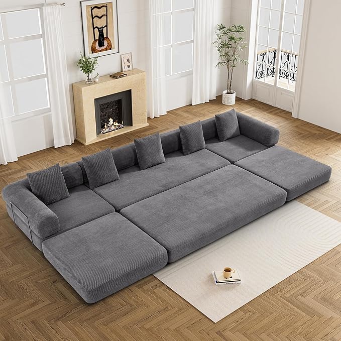 DAMAIFROM 157" Convertible Sleeper Sofa Bed Set with Pillow, 4-in-1 Corduroy Folding Mattress Boneless Couch with Fixed-Shape Frame, Fold Out Floor Sofa Cama Lounge Couch for Living Room, Grey
