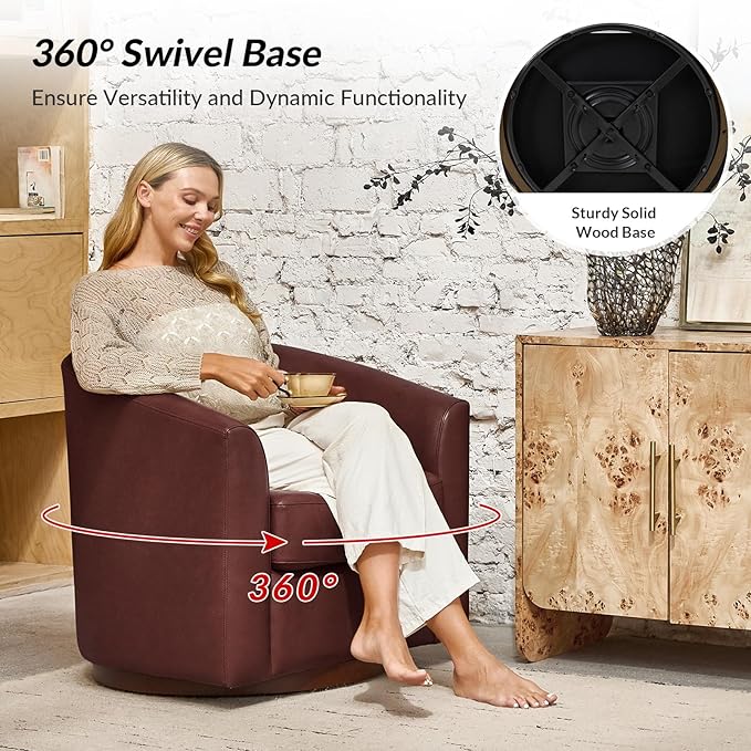 HULALA HOME Genuine Leather Swivel Accent Chairs Set of 2 with Solid Wood Base, Round Swivel Barrel Chairs for Living Room and Bedroom, Brown