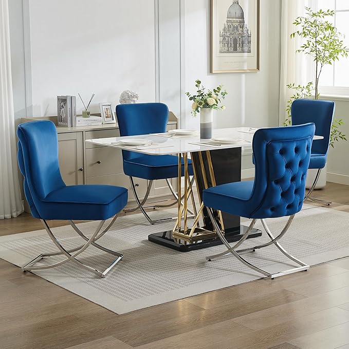 WUTUTUEE Luxury Velvet Dining Chairs, Tufted Upholstered Armless Accent Chairs with Silver Metal X-Legs, Modern Glam Dining Room Chair Set of 2, Navy
