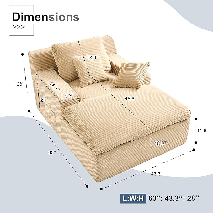63" Oversized Boneless Chaise Lounge Chair, Extra Cloud Layer, Convertible Sleeper Sofa Couch with Removable Pillows & Side Pockets, Corduroy Upholstered Sofa Bed with Armrests for Living Room, Camel