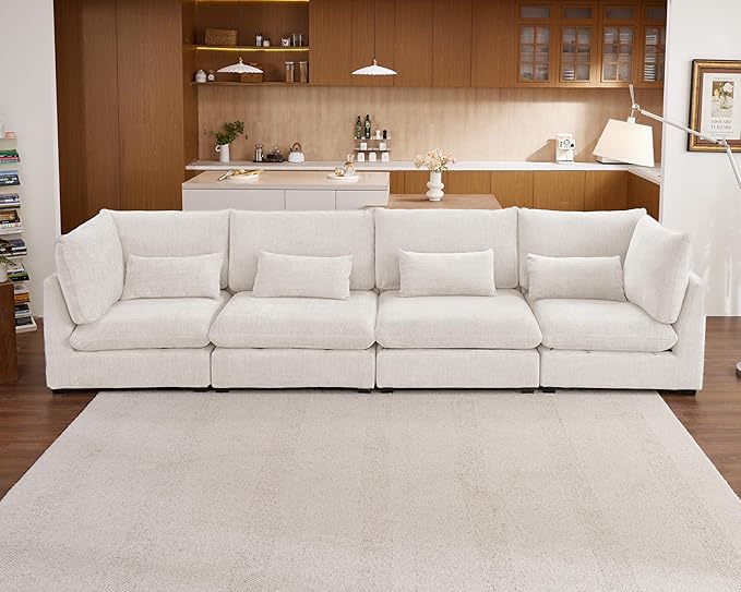 Oversized Modular Sofa, Extra Deep Cloud Chenille Sectional Couch with Ottoman Chaise, Fluffy Chenille 4 Seater Sofa for Living Room, Villa (Basic 4 Seater, Chenille White)