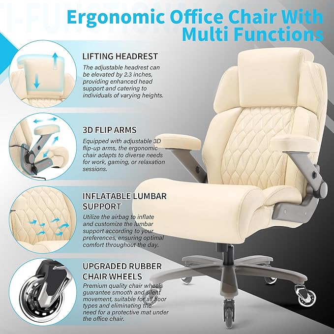 Big and Tall Office Chair 700lbs - Adjustable Headrest&Lumbar Support, 3D Flip Arms, Large Wheels &Heavy Duty Metal Base, Ergonomic High Back Computer Chair Desk Chair, Thick Padded Extra Wide Seat