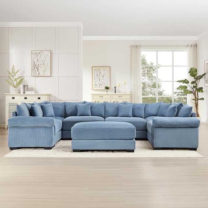 KEIKI 138" U-Shaped Oversized Corduroy Modular Cloud Sectional Sofa with 1 Ottoman, High-Density Foam Cushion, Extra-Thick Armrest, 6-Seater Fluffy Corner Couch with 20 Pillow, for Living Room, Blue