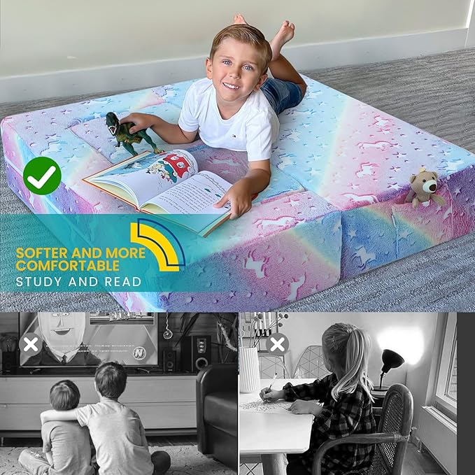 MeMoreCool Glow in The Dark Kids Couch – Modular Fold-Out Toddler Sofa (Rainbow) | Convertible Play Couch for Bedroom & Playroom; Chair, Bed, Fort or Ball Pit; Machine-Washable Velour Cover