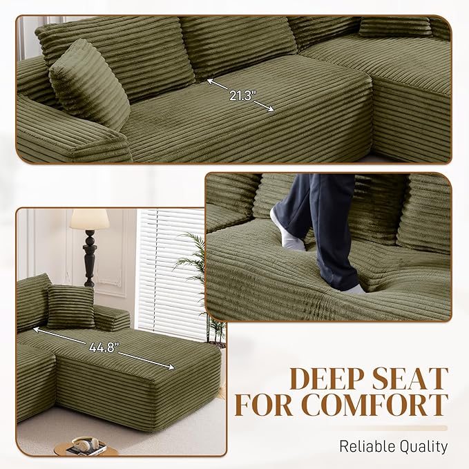 95" Boneless Cloud Sectional Couches for Living Room, Comfy Fluffy L Shaped Memory Foam Deep Seat Boneless Couch, Modular Sectional Sofa with Right Facing Chaise, Olive Green