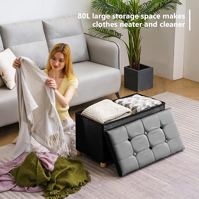 30 Inches Folding Storage Ottoman Bench, Velvet Storage Chest, Footrest Couch with Wooden Legs, Support 350lbs for Bedroom, Living Room, Hallway, Black