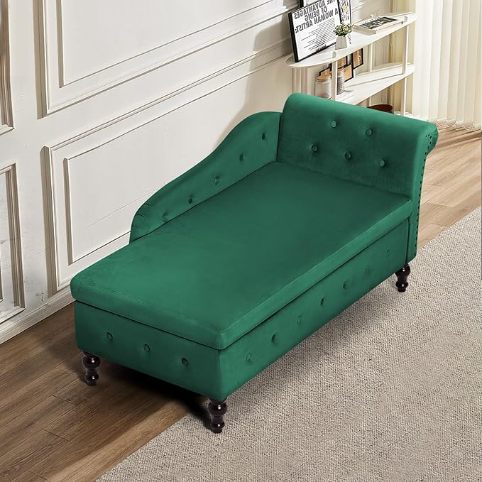 ACMEASE Chaise Lounge with Right Armrest & Lumbar Pillow,Button Tufted Lounge Sofa with Storage,Lounge Chair Indoor,Modern Upholstered Velvet Lounge Chair for Bedroom, Living Room and Office,Green