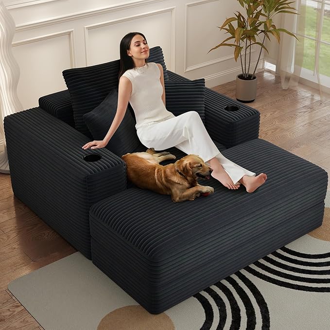 Gericco 52" Boneless Chaise Lounge Chair Indoor — Oversized Cloud-Like Cozy Comfy Modular 3-in-1 Sofa Bed for Reading, Living Room & Bedroom Corduroy Couch Sleeper, Black