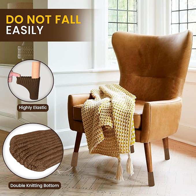 16/24/32 Pcs Brown Chair Leg Socks – Premium Furniture Protectors for Hardwood Floors, Non-Slip & High Elastic Fit, Easy-to-Install Bar Stool Covers & Floor Pads