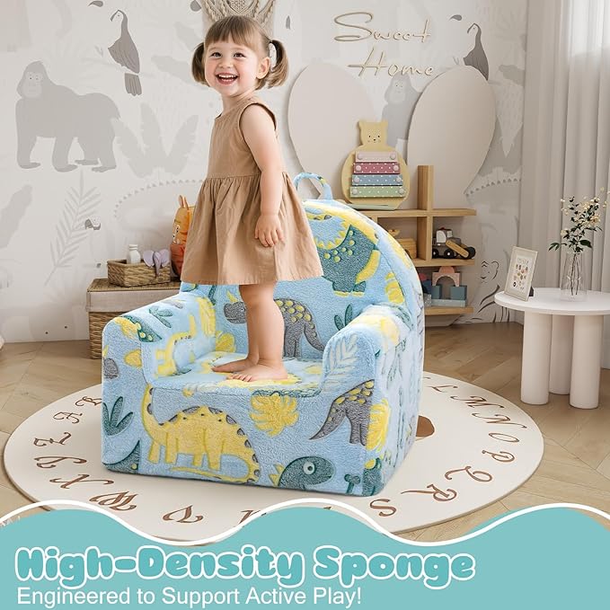 MeMoreCool Comfy Toddler Chair for 1-3 Years Old, Glow Dinosaur Kids Reading Chair, Soft Plush Toddler Armchair, Cozy Foam Lounge Kids Armchair for Baby Room, Living Room, Playroom, Reading Nook