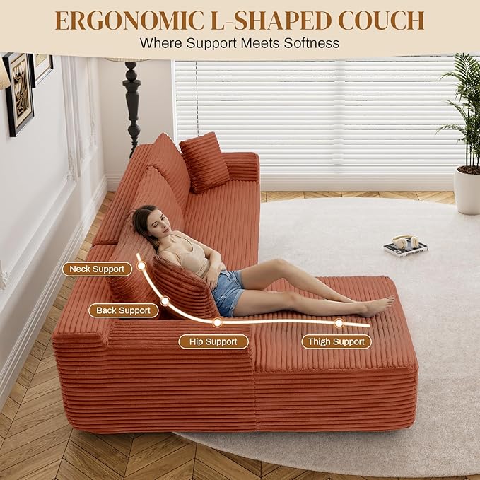 95" Boneless Cloud Sectional Couches for Living Room, Comfy Fluffy L Shaped Memory Foam Deep Seat Boneless Couch, Modular Sectional Sofa with Right Facing Chaise, Orange