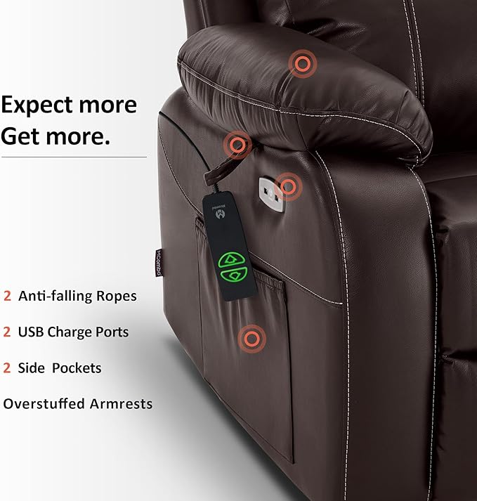 MCombo Small-Wide Power Lift Recliner Chair with Massage and Heat for Petite Elderly People, 3 Positions, 2 Side Pockets, USB Ports, Faux Leather R7410 (Dark Brown, Small-Wide)