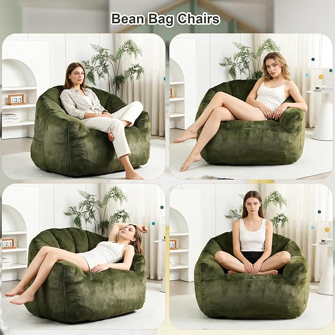 Bean Bag Chair, Bean Bag Couch for Adults and Kids, Comfy Shell-Shaped Chair with Filler Armrests Stuffed High-Density Foam Stuffed Sofa Lounge Floor Sofa for Bedroom,Gaming, Reading,Green