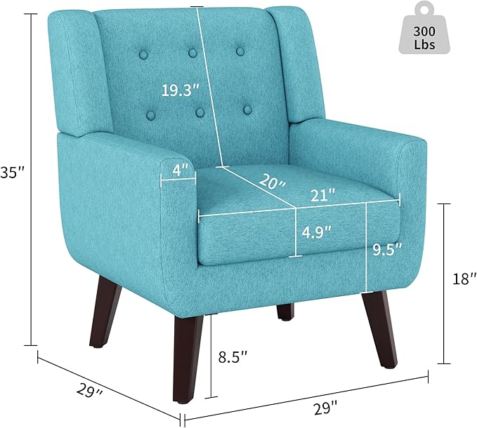 Accent Chair Set of 2, Mid-Century Modern Upholstered Living Room Armchair, Comfy Linen Fabric Single Reading Arm Chair with Tufted Back and Wood Legs for Bedroom, Club (2, Lake Blue)