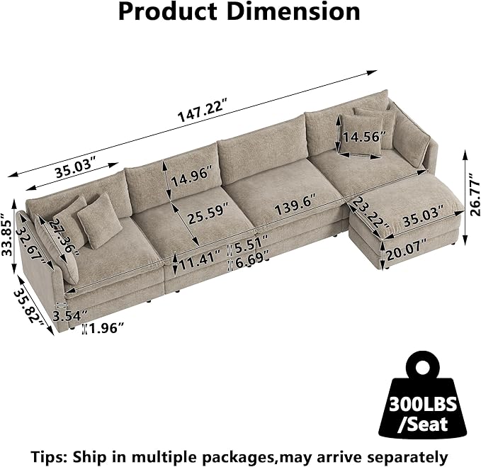 Aoowow Modular Sectional Sofa Modern Convertible L Shaped Couch,147.2 Inch Deep 4-Seater Sofas Set Comfy Chenille Cloud Sofas and Couches with Movable Ottoman for Living Room Apartment（Camel）