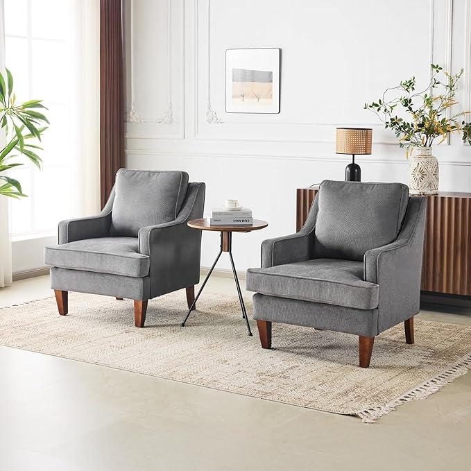 VINGLI Mid-Century Modern Accent Chairs Set of 2, Light Grey Upholstered Armchair Comfy Sofa Chairs Reading Chair High Back for Living Room Bedroom Furniture Apartment