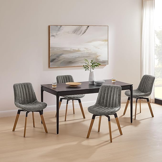 Art Leon Swivel Dining Chairs Set of 2, Mid Century Modern Kitchen Dining Room Chairs, Upholstered Faux Leather Armless Side Chair with Wood Legs for Living Room Bedroom, Gray