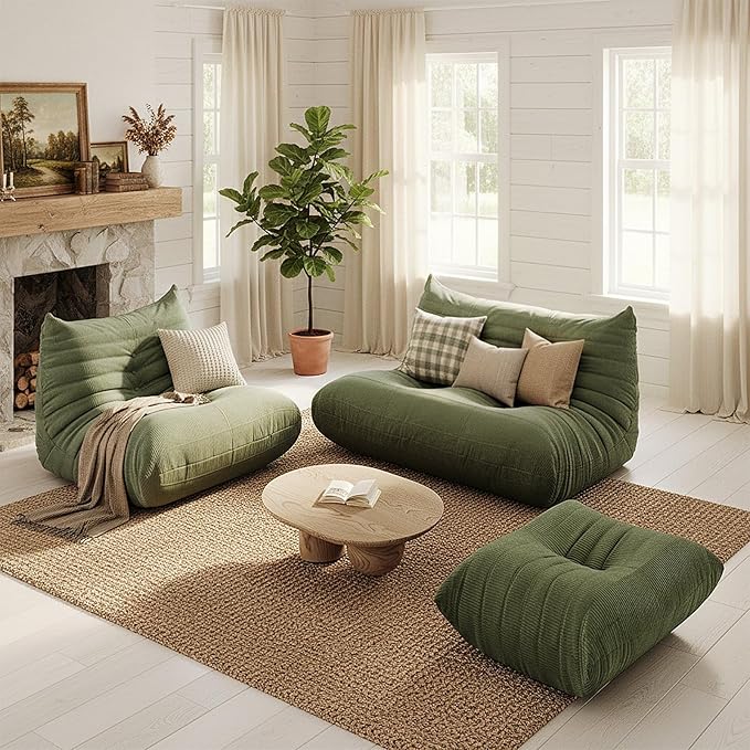 Bean Bag Chair for Adults,Armless Fireside Chair Comfy Corduroy Lazy Floor Sofa,Lounge Chair Lazy Sofa Couch Memory Foam Bean Bag for Living Room, Apartment Office,(Olive Green) 4 Seater