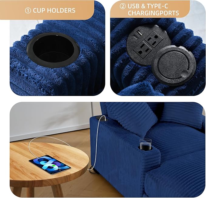 Oversized 60" Chaise Lounge Chair with Adjustable Backrest, Solid Wood Frame Corduroy Upholstery, Cup Holder USB & Type-C Port, 2 Pillows Sleeper Couch Deep Seat for Living Room, Bedroom, Blue
