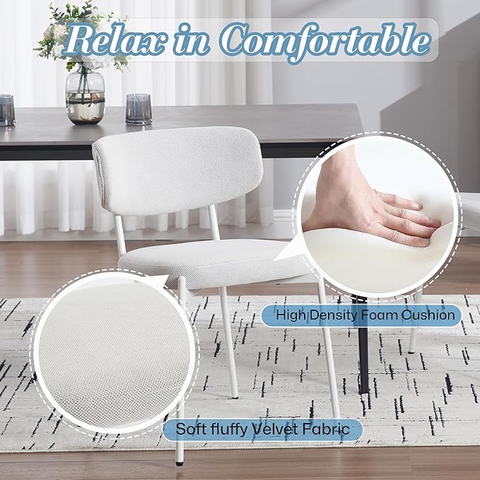 KCC Modern Mid-Century Velvet Dining Chairs Set of 6, Upholstered Stylish Kitchen Chairs Accent Diner Chairs with Metal Legs and Curved Back for Kitchen, Dining Room(White)