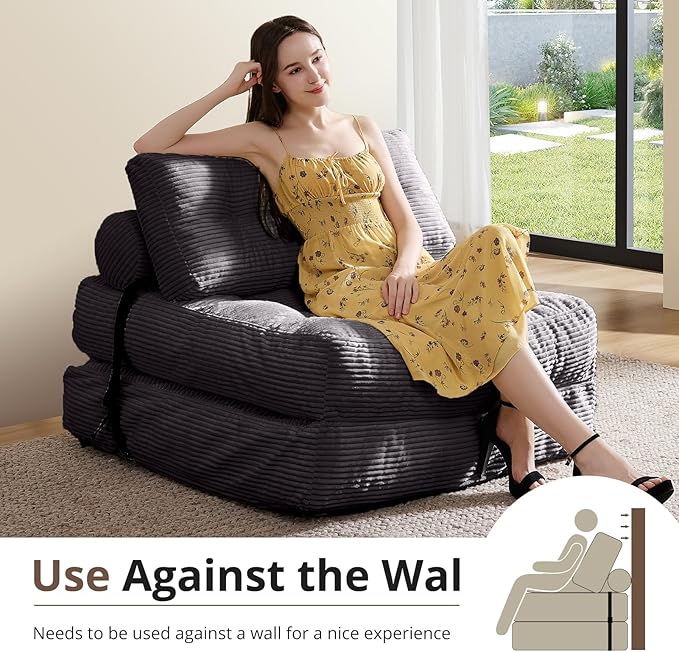 Convertible Sofa Bed & Couch Bed - Oversized Adult Sleeper Chair & Bean Bag Chair, Foldable Floor Bed with Backrest, Comfortable Lazy Sofa for Bedroom, Living Room & Dorm (Dark Gray, Single)