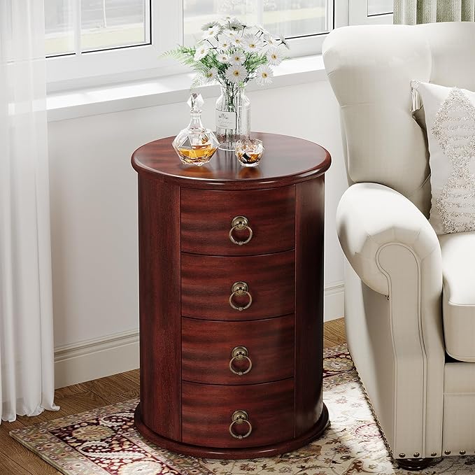 Tribesigns Solid Wood End Table Set of 2, Round Side Table with 4 Drawers, Vintage Bedside Table Nightstand for Small Spaces, Living Room, Bedroom, No Assembly Required (2, Cherry Brown)