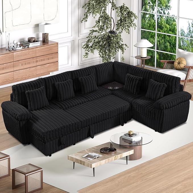 Modular Sectional Sleeper Sofa with Pull Out Bed, Storage Chaise & USB Charging, U Shaped Plush Corduroy Sectional Couches for Living Room, Comfy Convertible 7 Seat Cloud Sofa Bed, Dark Black