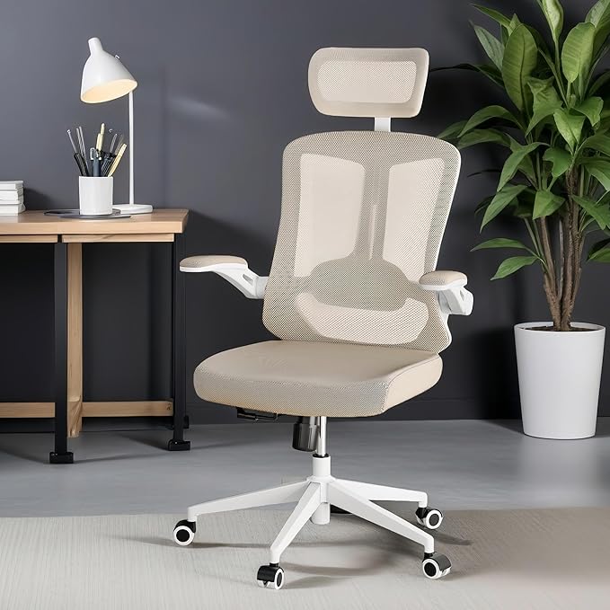 Ergonomic Office Chair - 400LB Comfy Desk Chairs with Adjustable Headrest and Lumbar Back Support, Mesh Computer Chairs with Wheels and Arms for Home Office, Study (Khaki-with Headrest)