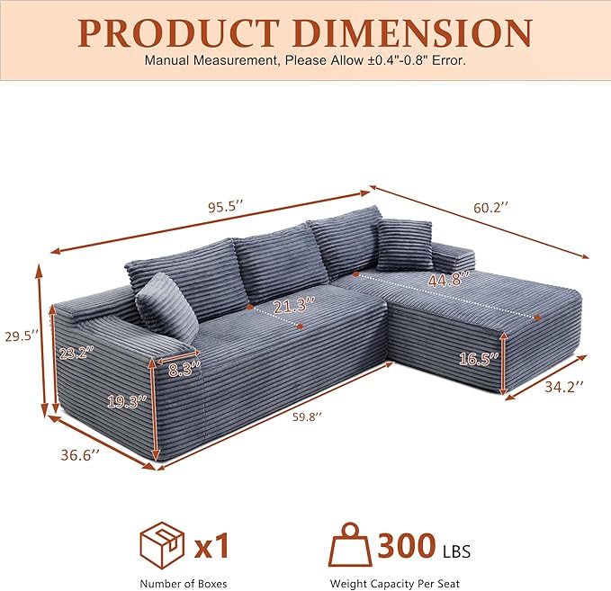 HYJT-H&K Modular Sectional Sofa Cloud Sectional Couch, 95" Comfy Fluffy L Shaped Grey Couches for Living Room, Deep Seat Memory Foam Plush Corduroy Boneless Couch Sectionals Right Facing Chaise Sofa