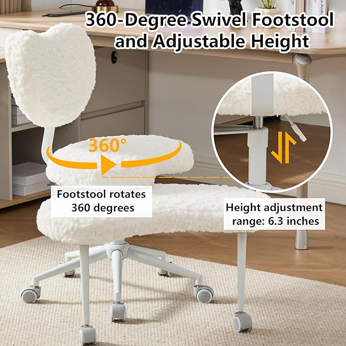 Meditation Chair with Lumbar Support,360° Swivel Cross Legged Chair with Wheels, Ergonomic Cross Legged Office Chair for Adults with ADHD, Height-Adjustable Yoga Chair, Faux Fur, Beige