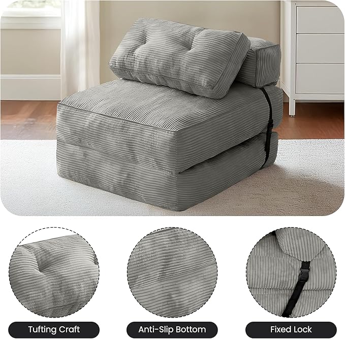 tantohom Folding Sofa Bed, Convertible Sleeper Chair with Pillow Foldable Mattress with Back Support,Space-Saving Sofa for Living Room,Bedroom (Gray)
