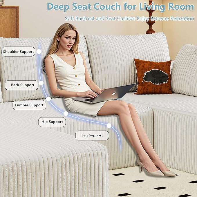 96" W Cloud Sectional Couch with Ottoman,Modern U-Shaped Cloud Couch with Deep Seat,Comfy Corduroy 3-Seater Sofa,Memory Foam Sofa for Living Room,No Assembly (White,Right-Facing Chaise)