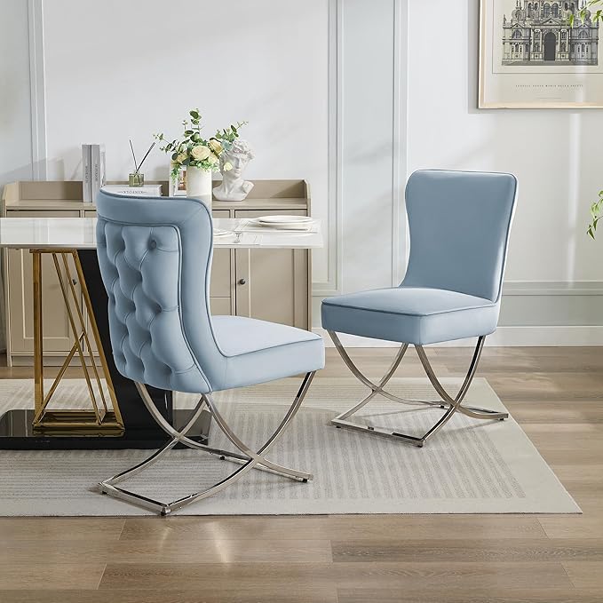 WUTUTUEE Luxury Velvet Dining Chairs, Tufted Upholstered Armless Accent Chairs with Silver Metal X-Legs, Modern Glam Dining Room Chair Set of 6, Light Blue